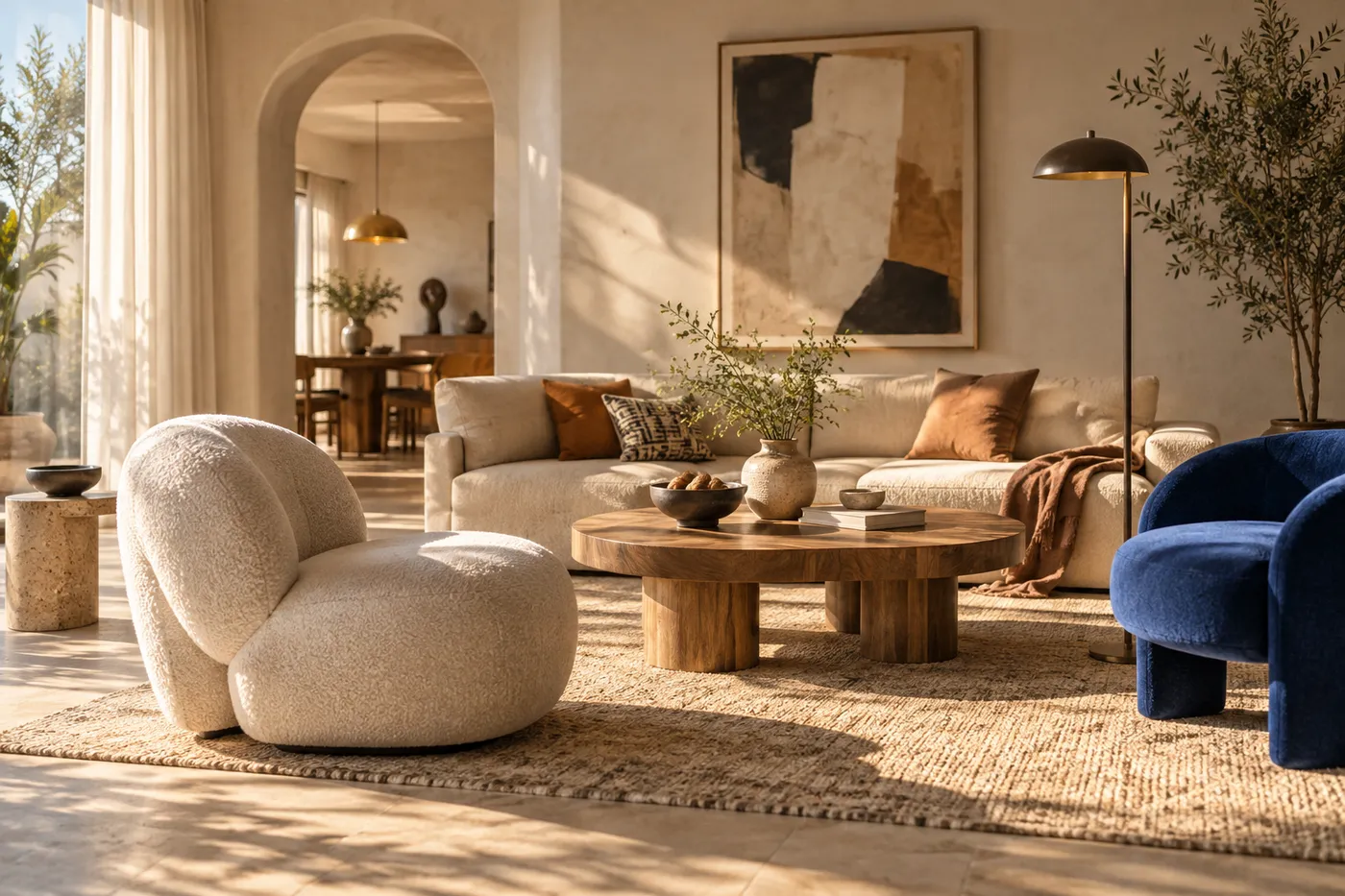 A sunlit living space with sculptural seating, a timber coffee table and a cobalt blue accent chair