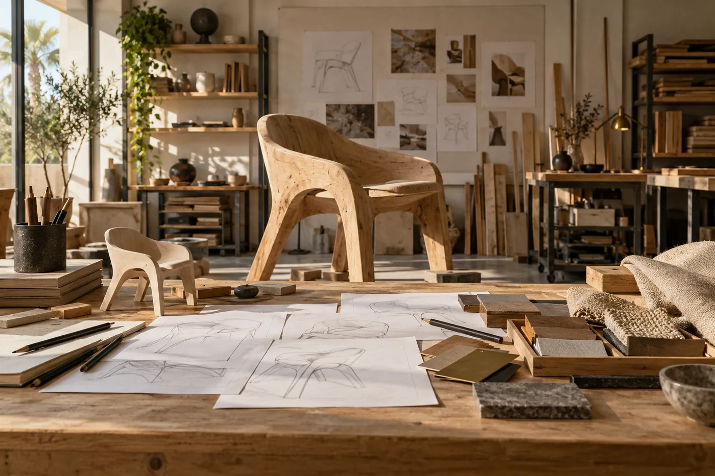 Furniture sketches, material samples and a chair prototype in a creative studio