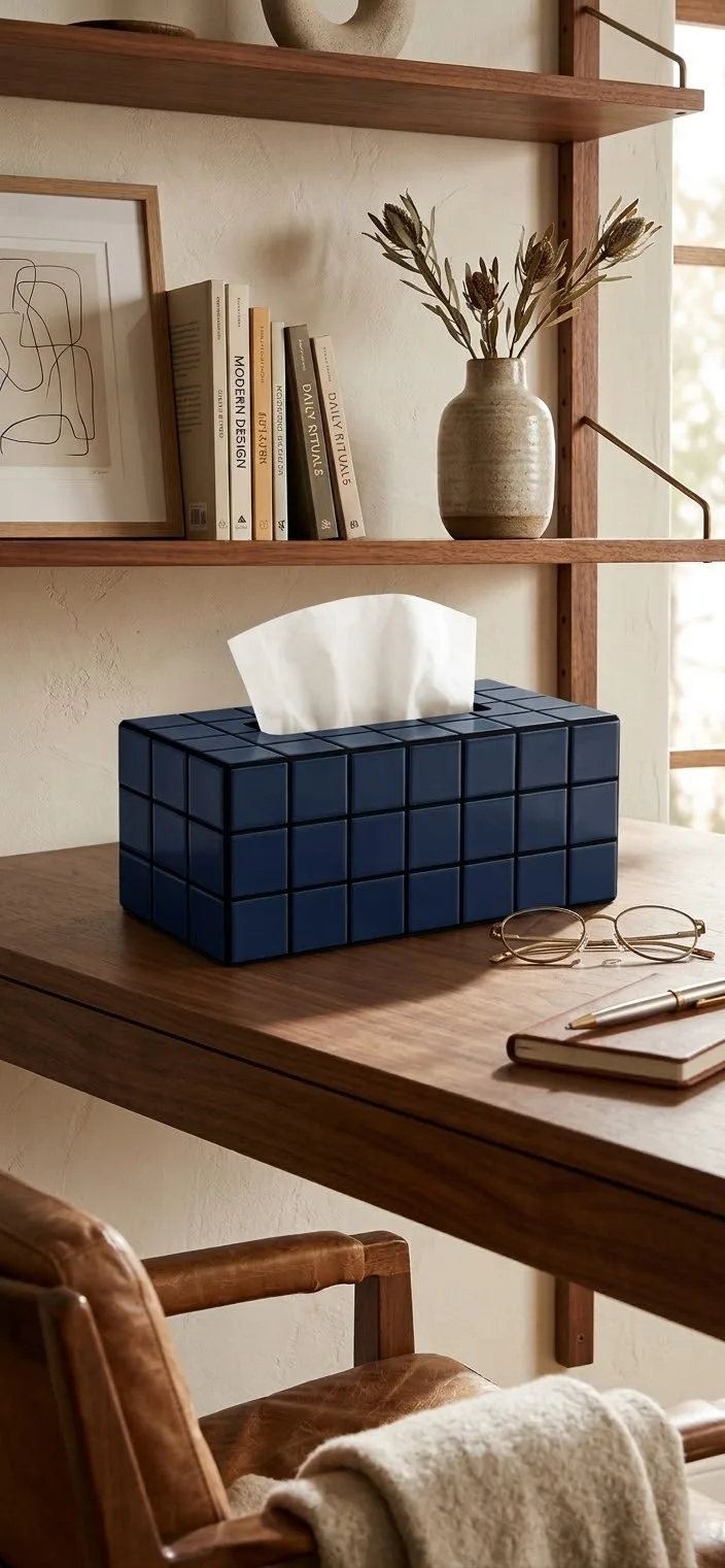 Dark blue Block tissue box on a wooden table