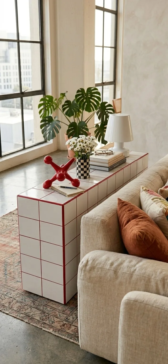 White Lattice console with red grout behind a sofa