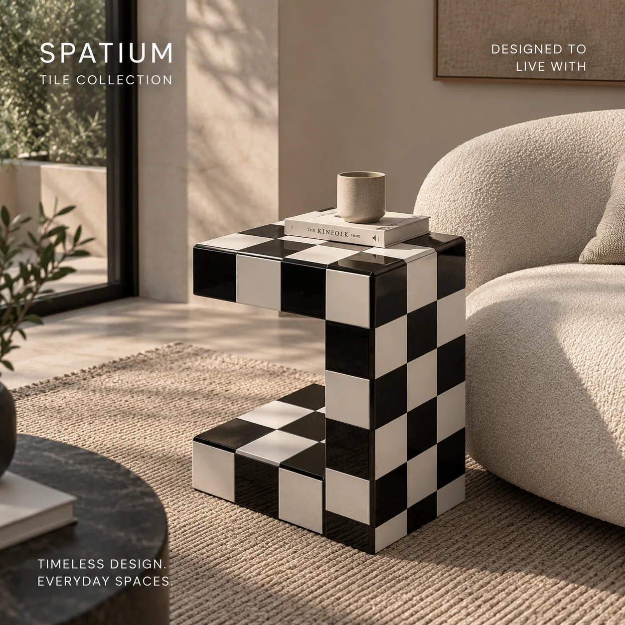 Checkered Node sofa table beside a chair