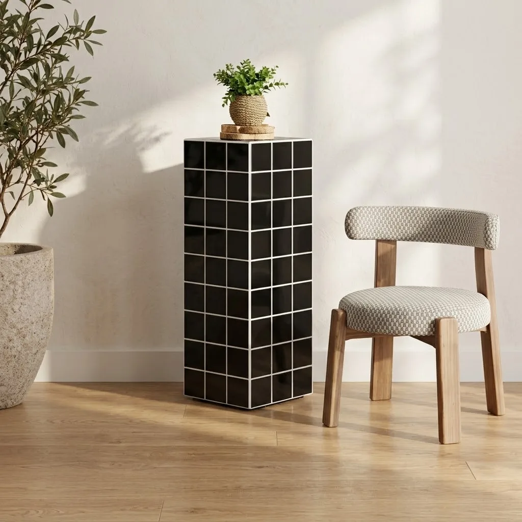 Black Pillar pedestal with white grout beside a chair