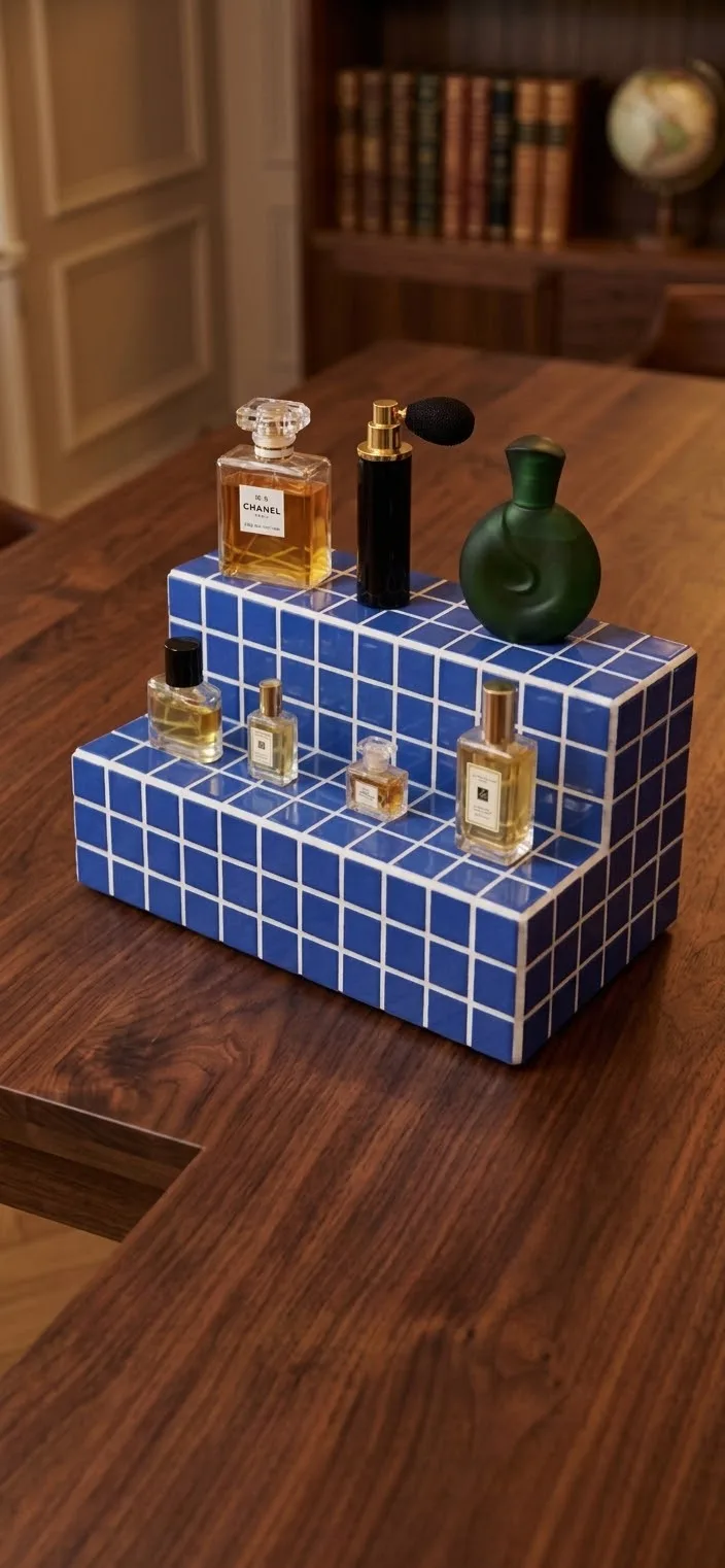 Blue Pod perfume stand with white grout